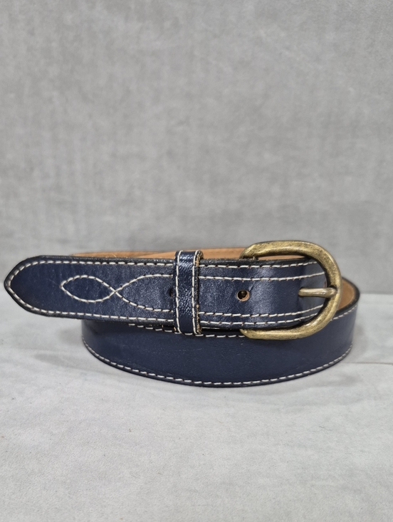 Accessories - Classic Navy Leather Belt with Brass Buckle